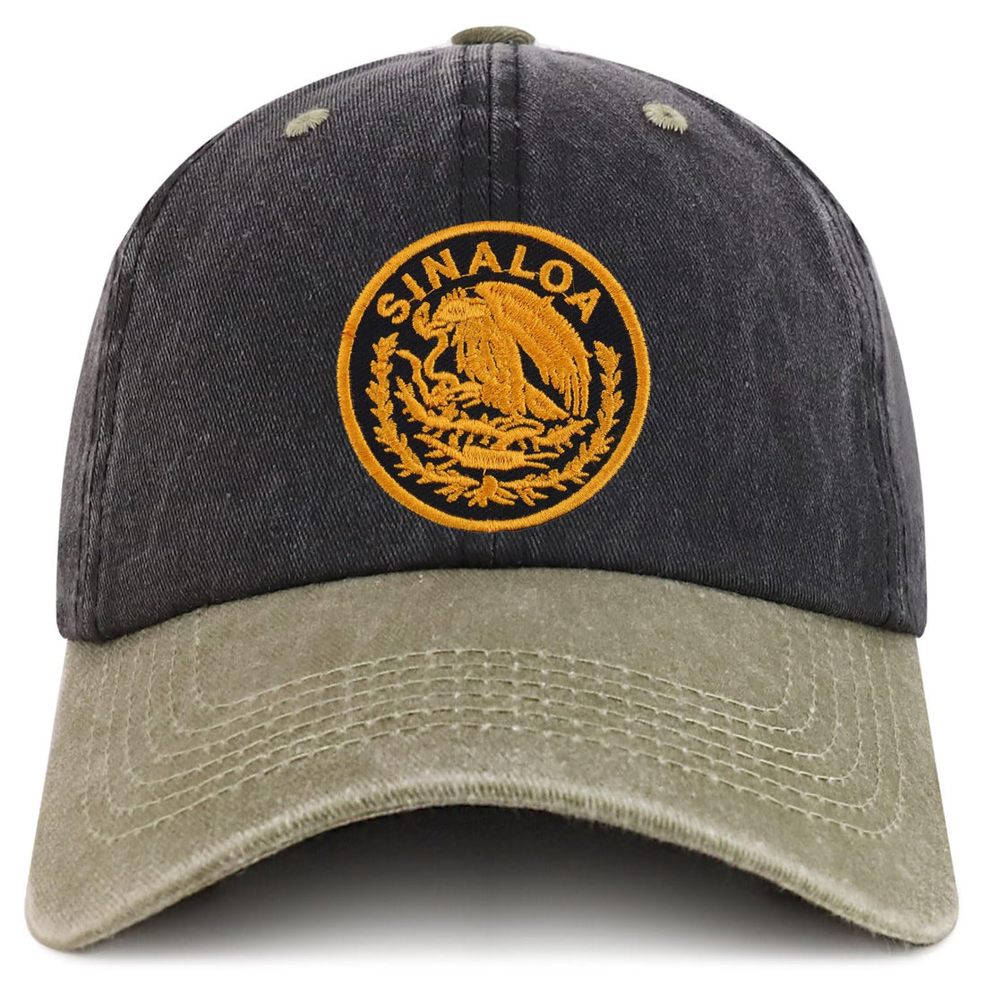 Trendy Apparel Shop Sinaloa Mexico Gold Embroidered Patch Pigment Dyed Washed Baseball Cap