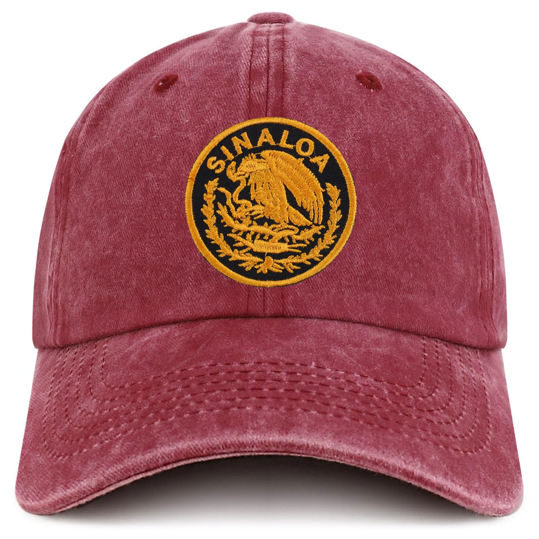 Trendy Apparel Shop Sinaloa Mexico Gold Embroidered Patch Pigment Dyed Washed Baseball Cap