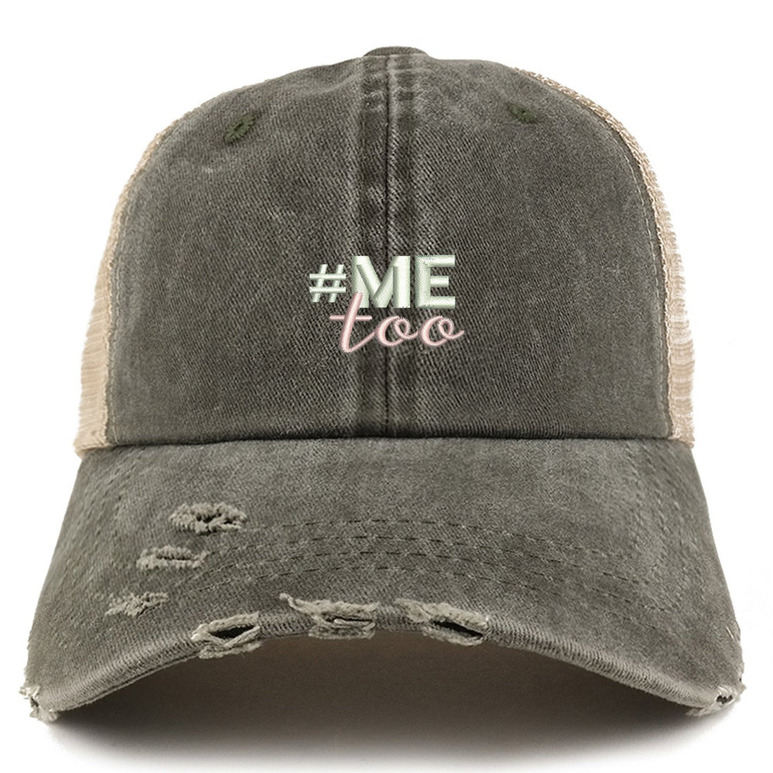 Trendy Apparel Shop #Me Too Movement Embroidered Frayed Bill Trucker Mesh Cap