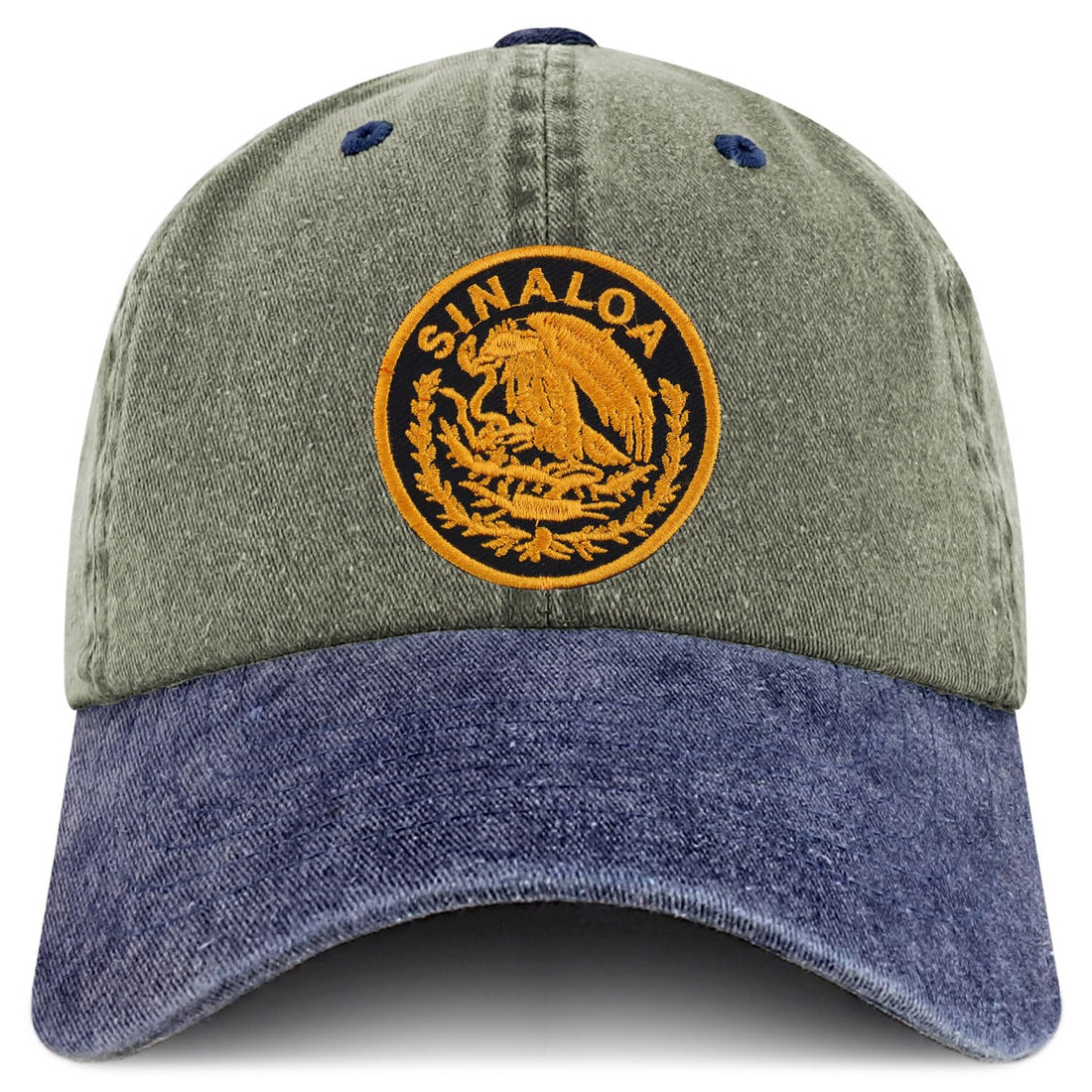 Trendy Apparel Shop Sinaloa Mexico Gold Embroidered Patch Pigment Dyed Washed Baseball Cap