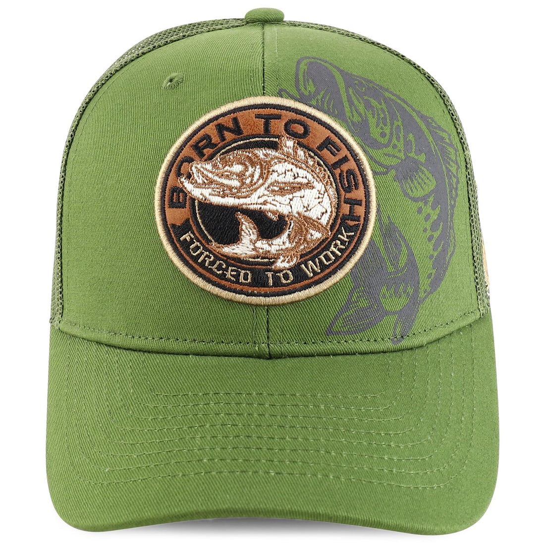Trendy Apparel Shop Circular Born to Fish Forced to Work Bass Embroidered Trucker Cap