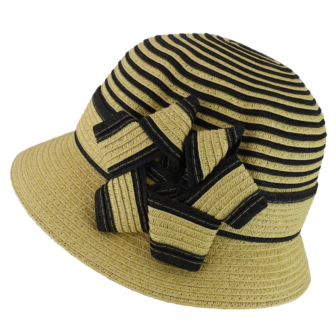 Trendy Apparel Shop Women's Flower Accent Striped Crown Paper Braid Bucket Hat