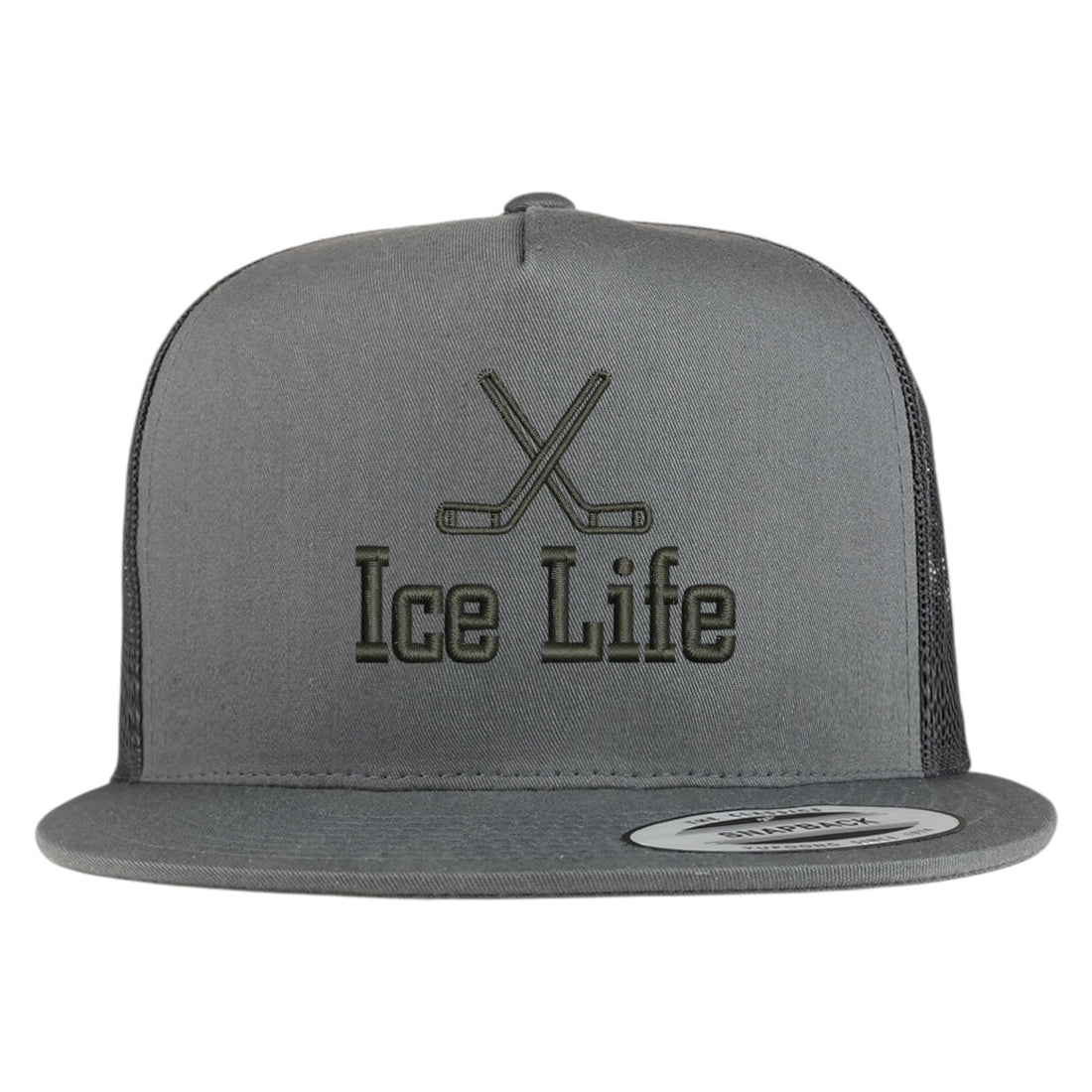Trendy Apparel Shop Hockey Ice Life Embroidered 5 Panel Flatbill Trucker Mesh Cap