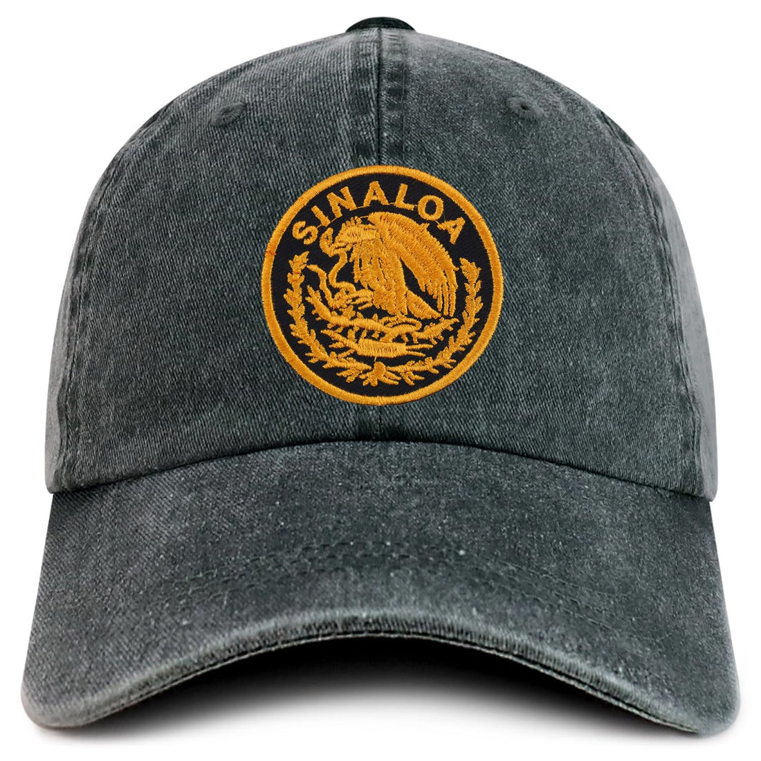 Trendy Apparel Shop Sinaloa Mexico Gold Embroidered Patch Pigment Dyed Washed Baseball Cap
