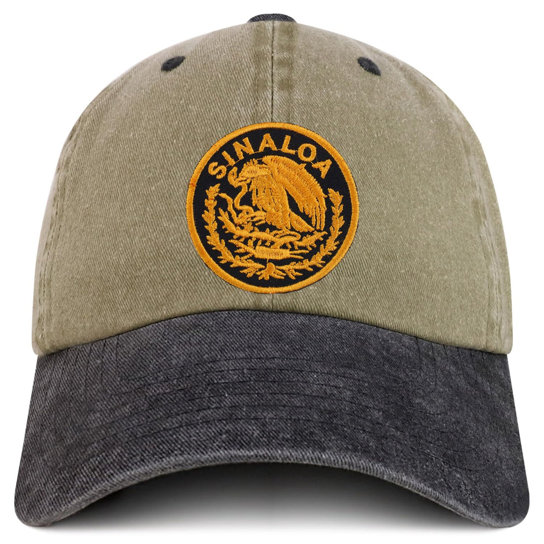 Trendy Apparel Shop Sinaloa Mexico Gold Embroidered Patch Pigment Dyed Washed Baseball Cap