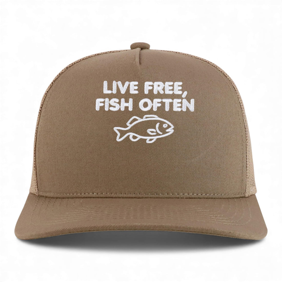 Trendy Apparel Shop Live Free, Fish Often Embroidered 5 Panel Snapback Trucker Cap