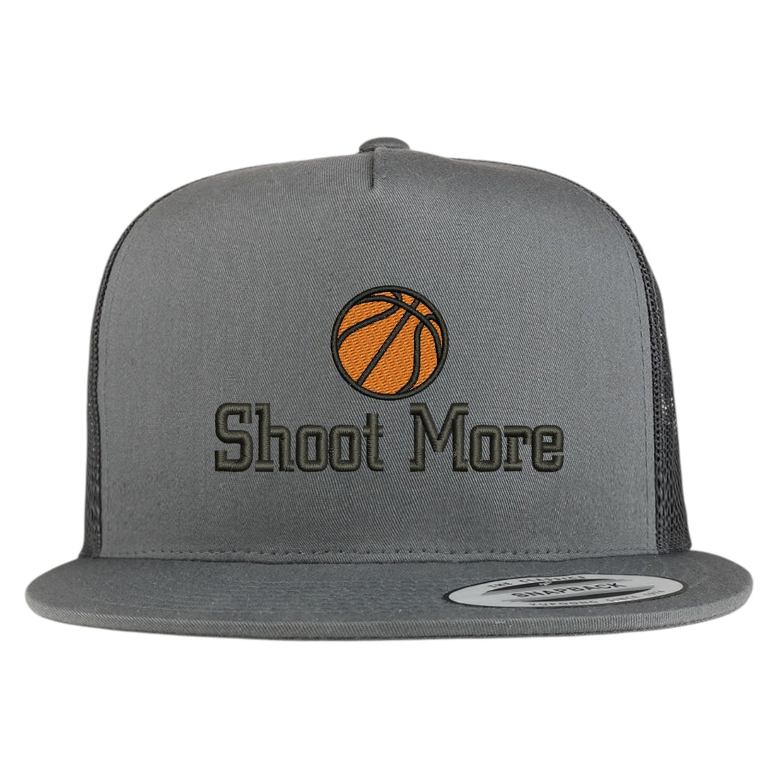 Trendy Apparel Shop Basketball Shoot More Embroidered 5 Panel Flatbill Trucker Mesh Cap