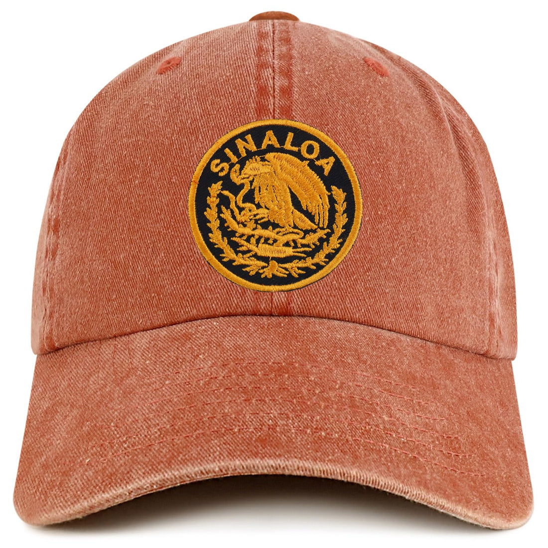 Trendy Apparel Shop Sinaloa Mexico Gold Embroidered Patch Pigment Dyed Washed Baseball Cap