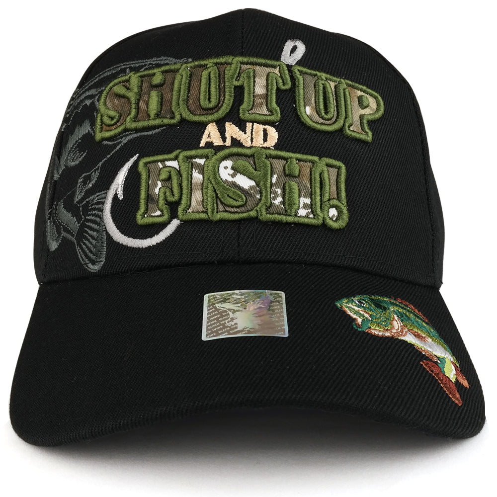 Shut Up and Fish with Bass and Hook Embroidered Structured Baseball Cap