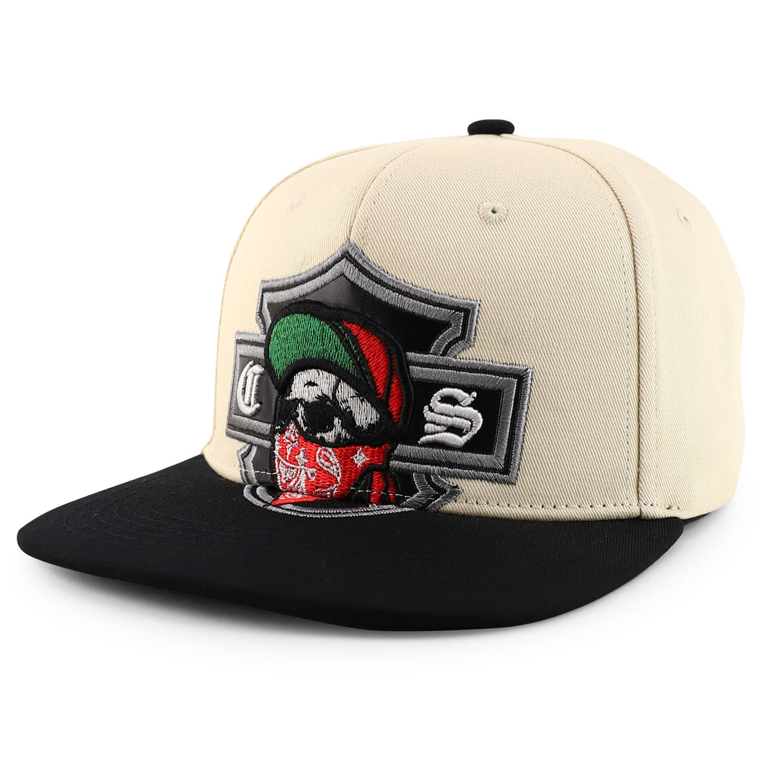 Trendy Apparel Shop Chicano Skull with Bandana Embroidered Flatbill Snapback Cap