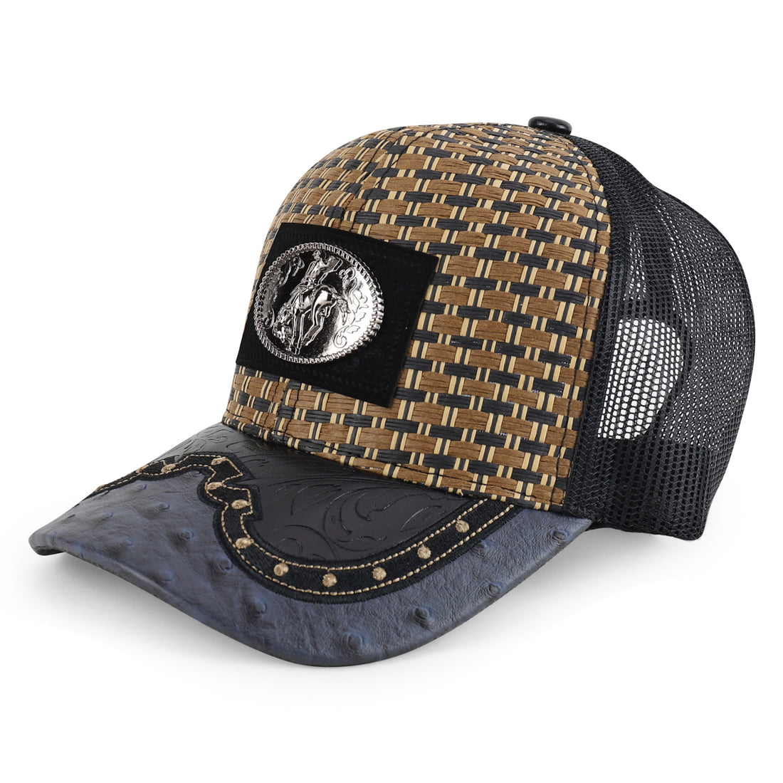 Trendy Apparel Shop Straw Design Metallic Rodeo Cowboy Horse Metal Logo Trucker Mesh Baseball Cap