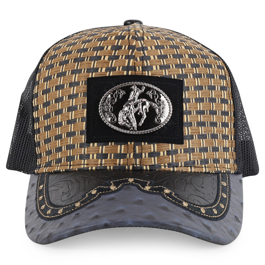Trendy Apparel Shop Straw Design Metallic Rodeo Cowboy Horse Metal Logo Trucker Mesh Baseball Cap