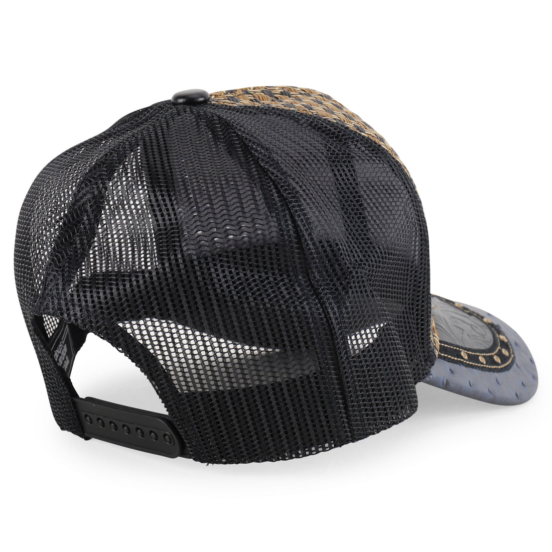 Trendy Apparel Shop Straw Design Metallic Rodeo Cowboy Horse Metal Logo Trucker Mesh Baseball Cap