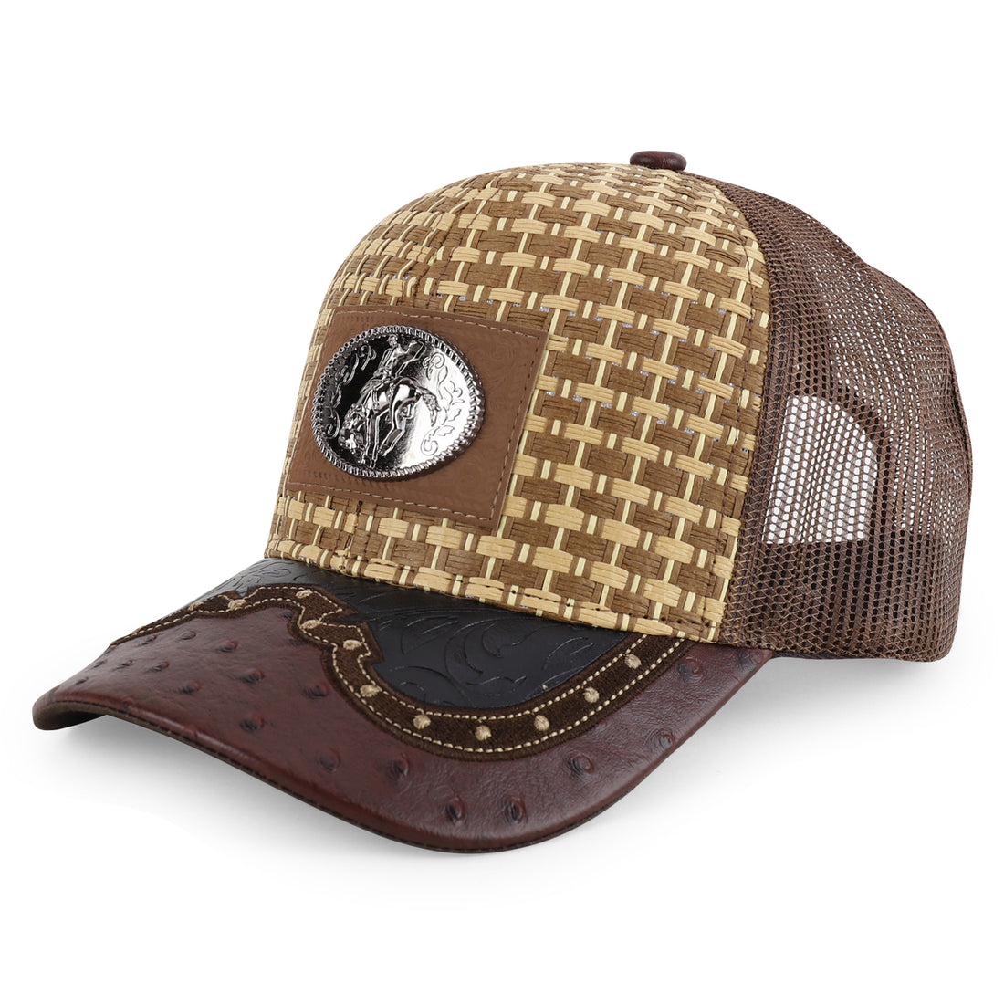 Trendy Apparel Shop Straw Design Metallic Rodeo Cowboy Horse Metal Logo Trucker Mesh Baseball Cap