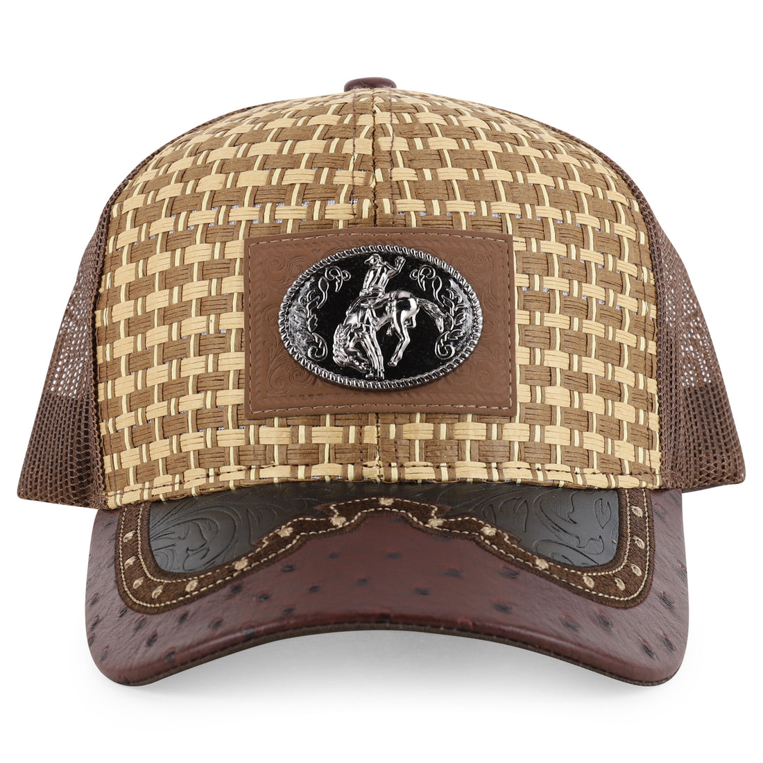 Trendy Apparel Shop Straw Design Metallic Rodeo Cowboy Horse Metal Logo Trucker Mesh Baseball Cap