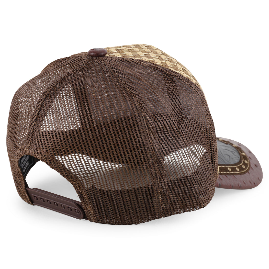 Trendy Apparel Shop Straw Design Metallic Rodeo Cowboy Horse Metal Logo Trucker Mesh Baseball Cap