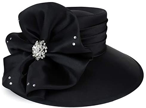 Trendy Apparel Shop Stones Flower Decorative Telescope Crown Satin Dress Hat