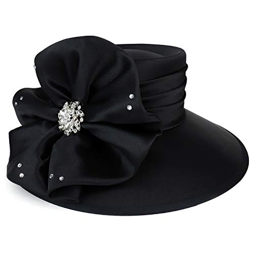 Trendy Apparel Shop Stones Flower Decorative Telescope Crown Satin Dress Hat