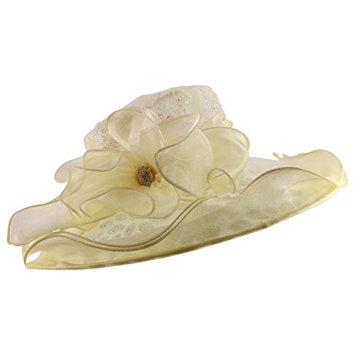 Trendy Apparel Shop Glitter Leaves Pattern Ruffled Brim Fashion Organza Hat