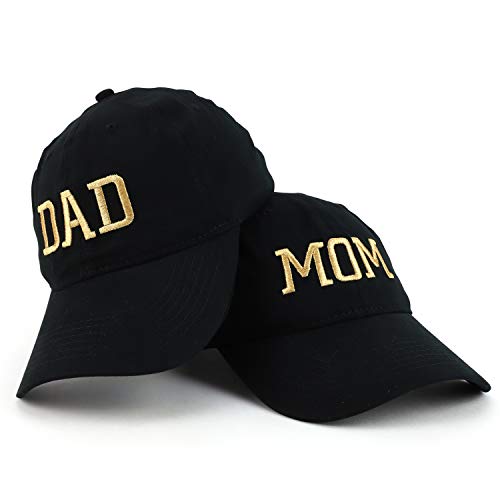 Trendy Apparel Shop Capital Gold Thread Mom and Dad Soft Cotton 2 Pc Cap Set