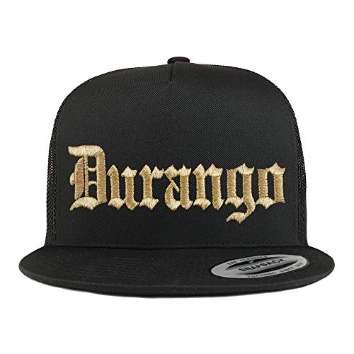 Trendy Apparel Shop Old English Durango Gold Embroidered 5 Panel Flatbill Trucker Mesh Cap