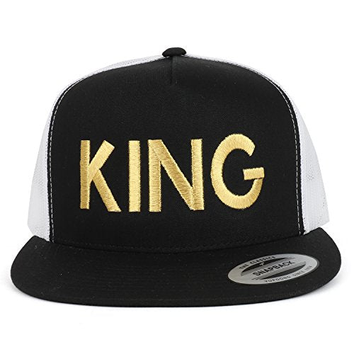Trendy Apparel Shop King Gold Embroidered 5 Panel Flat Bill 2-Tone Mesh Cap