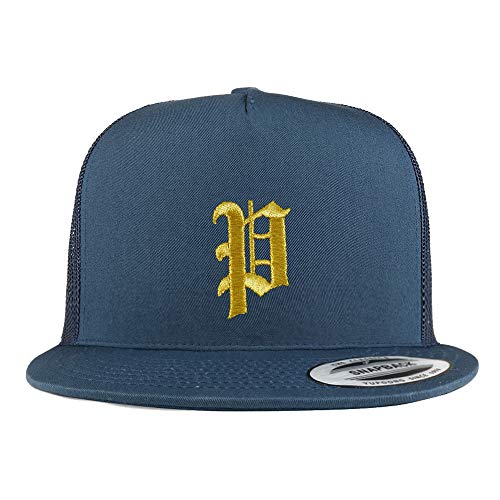 Trendy Apparel Shop Old English Gold P Embroidered 5 Panel Flatbill Trucker Mesh Cap