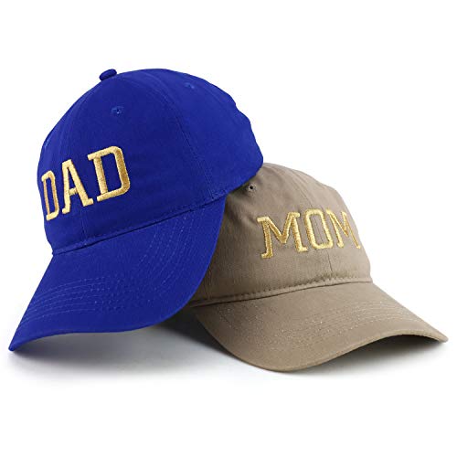 Trendy Apparel Shop Capital Gold Thread Mom and Dad Soft Cotton 2 Pc Cap Set