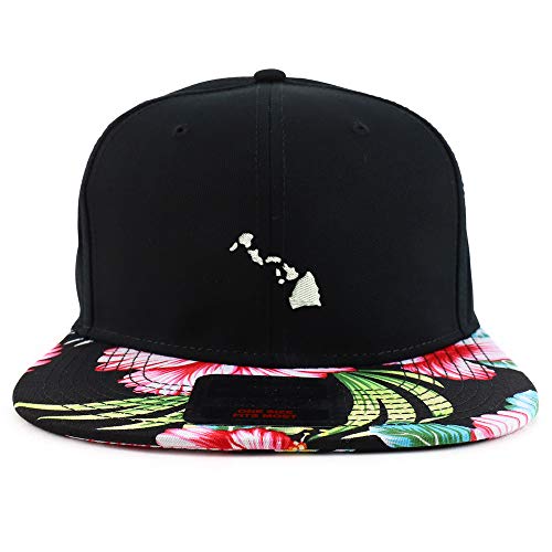Trendy Apparel Shop Hawaii State Map Embroidered Floral Flatbill Snapback Cap