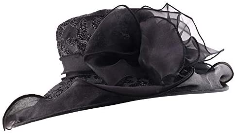 Trendy Apparel Shop Glitter Leaves Pattern Ruffled Brim Fashion Organza Hat