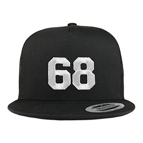 Trendy Apparel Shop Number 68 White Thread Embroidered Flat Bill 5 Panel Trucker Cap