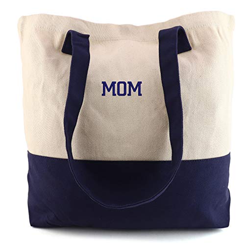 Trendy Apparel Shop Mom Embroidred Colorblock Cotton Twill Large Tote Bag