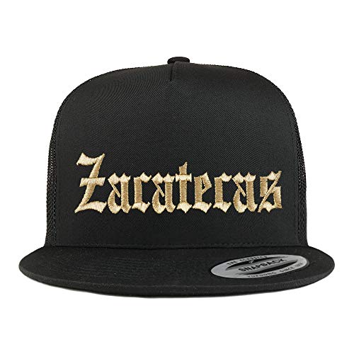 Trendy Apparel Shop Old English Zacatecas Gold Embroidered 5 Panel Flatbill Trucker Mesh Cap
