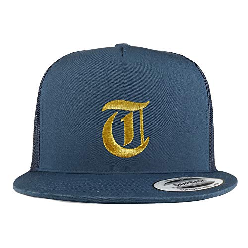 Trendy Apparel Shop Old English Gold T Embroidered 5 Panel Flatbill Trucker Mesh Cap