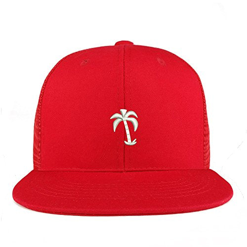Trendy Apparel Shop Palm Tree Solid White Embroidered Cotton Flat Bill Mesh Back Trucker Cap