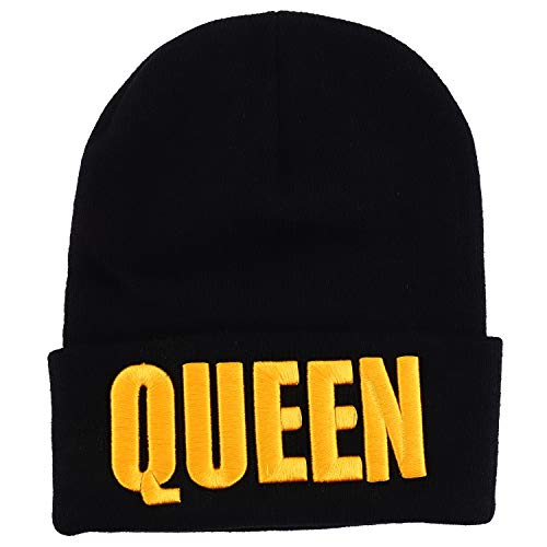 Trendy Apparel Shop 3D King and Queen Embroidered Winter Cuff Folded Long Beanie