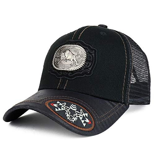 Trendy Apparel Shop Metallic Bull Badge on Leather Patch Trucker Mesh Ball Cap