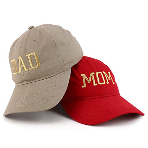 Trendy Apparel Shop Capital Gold Thread Mom and Dad Soft Cotton 2 Pc Cap Set