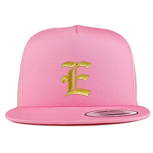 Trendy Apparel Shop Old English Gold E Embroidered 5 Panel Flatbill Trucker Mesh Cap
