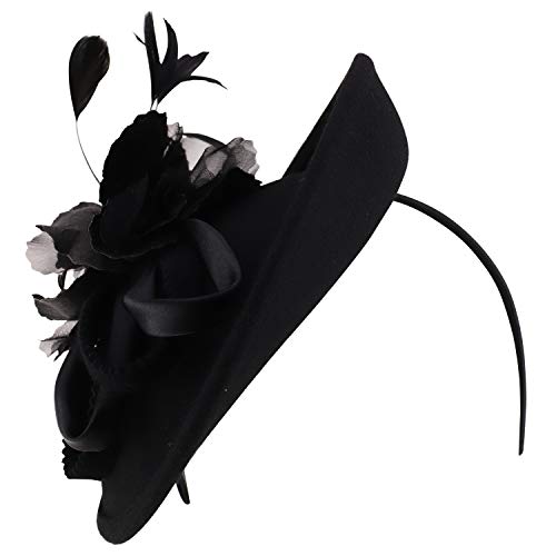 Trendy Apparel Shop Flower Trim Feather Loop Band Wool Fascinator Hat