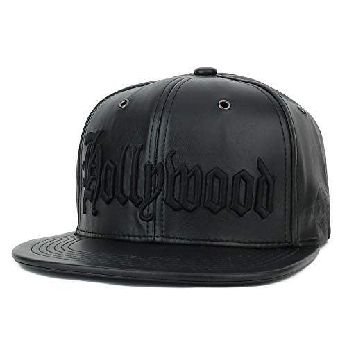 Trendy Apparel Shop Hollywood 3D Embroidered PU Leather Flatbill Snapback Cap - Black