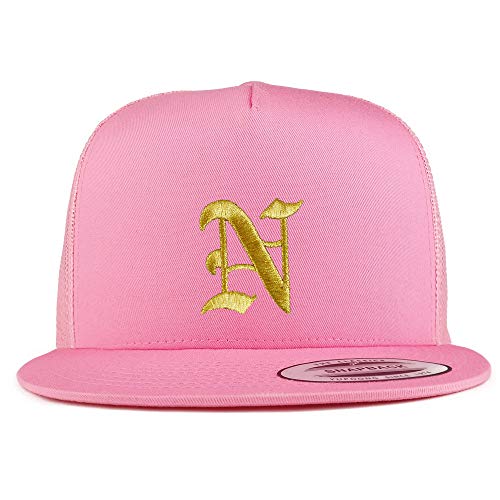 Trendy Apparel Shop Old English Gold N Embroidered 5 Panel Flatbill Trucker Mesh Cap
