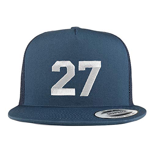 Trendy Apparel Shop Number 27 White Thread Embroidered Flat Bill 5 Panel Trucker Cap