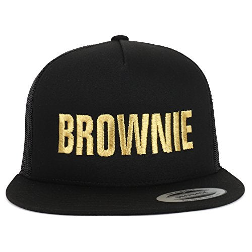 Trendy Apparel Shop Brownie Gold Embroidered 5 Panel Flat Bill Mesh Cap