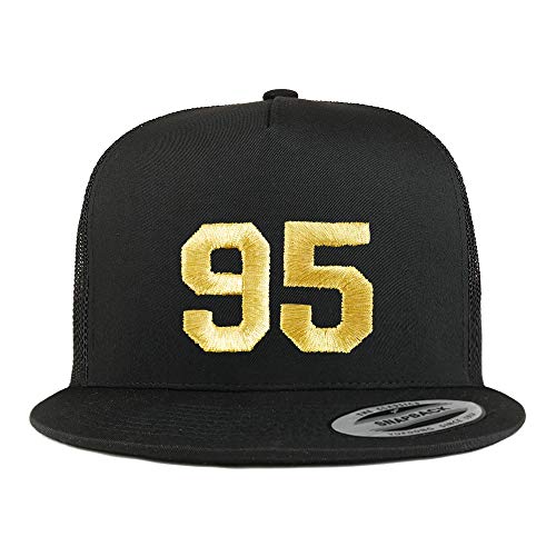 Trendy Apparel Shop Number 95 Gold Thread Embroidered Flat Bill 5 Panel Trucker Cap