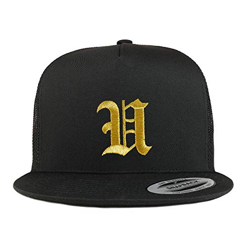 Trendy Apparel Shop Old English Gold U Embroidered 5 Panel Flatbill Trucker Mesh Cap