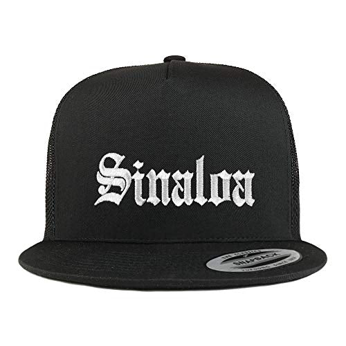 Trendy Apparel Shop Old English Sinaloa White Embroidered 5 Panel Flatbill Trucker Mesh Cap