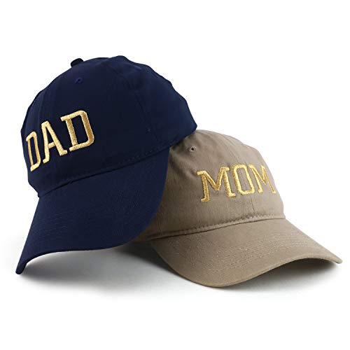 Trendy Apparel Shop Capital Gold Thread Mom and Dad Soft Cotton 2 Pc Cap Set