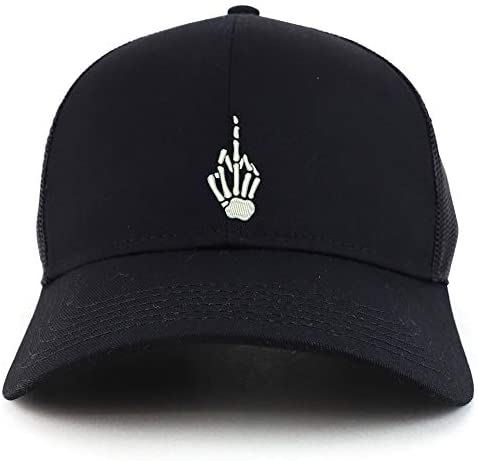 Trendy Apparel Shop Skeleton Middle Finger Embroidered Mesh Back Baseball Cap