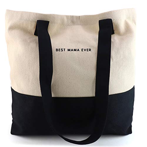 Trendy Apparel Shop Best Mama Ever Embroidred Colorblock Cotton Twill Large Tote Bag